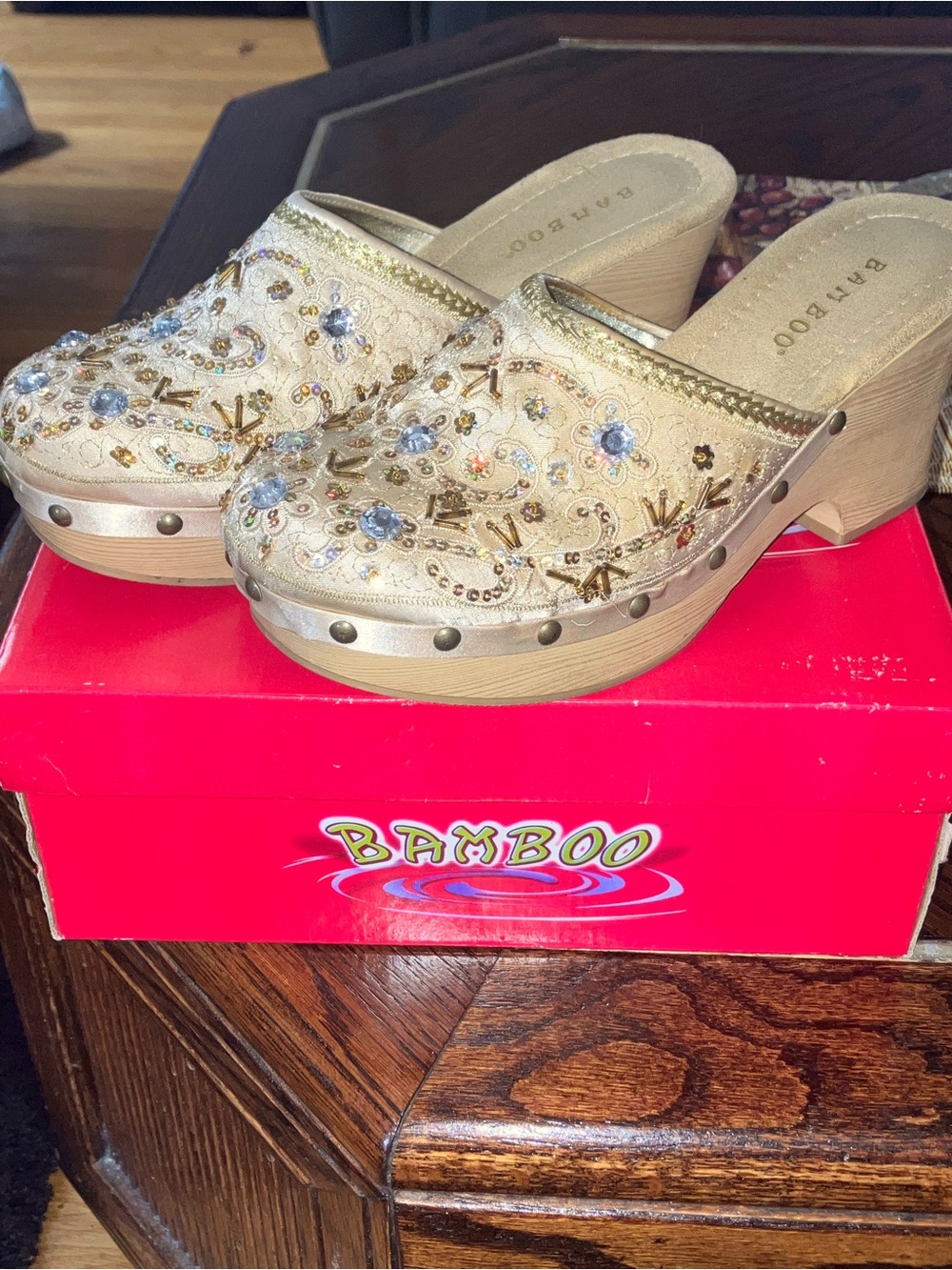 BAMBOO Cream Embellished Platform Clog Mules